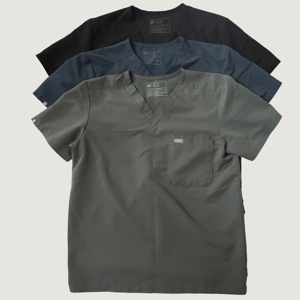FIGS Scrub Tops Bundle Black Navy Olive Green V-Neck Technical Collection Size M